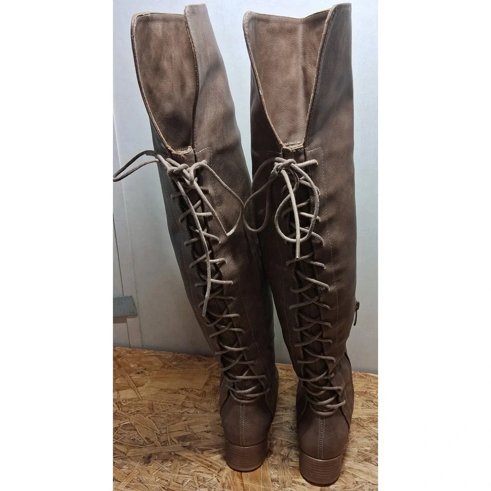 Brinley Co Womens Taupe Brown Over The Knee Lace Up Back Boots Size 6